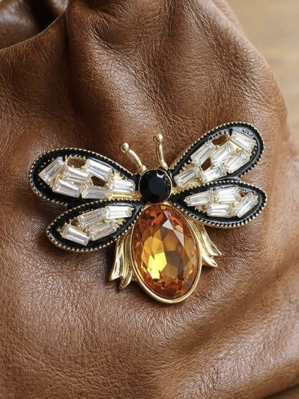 Gold Bee Crystal Brooch Pin in Amber and Black - Women's Jewelry
